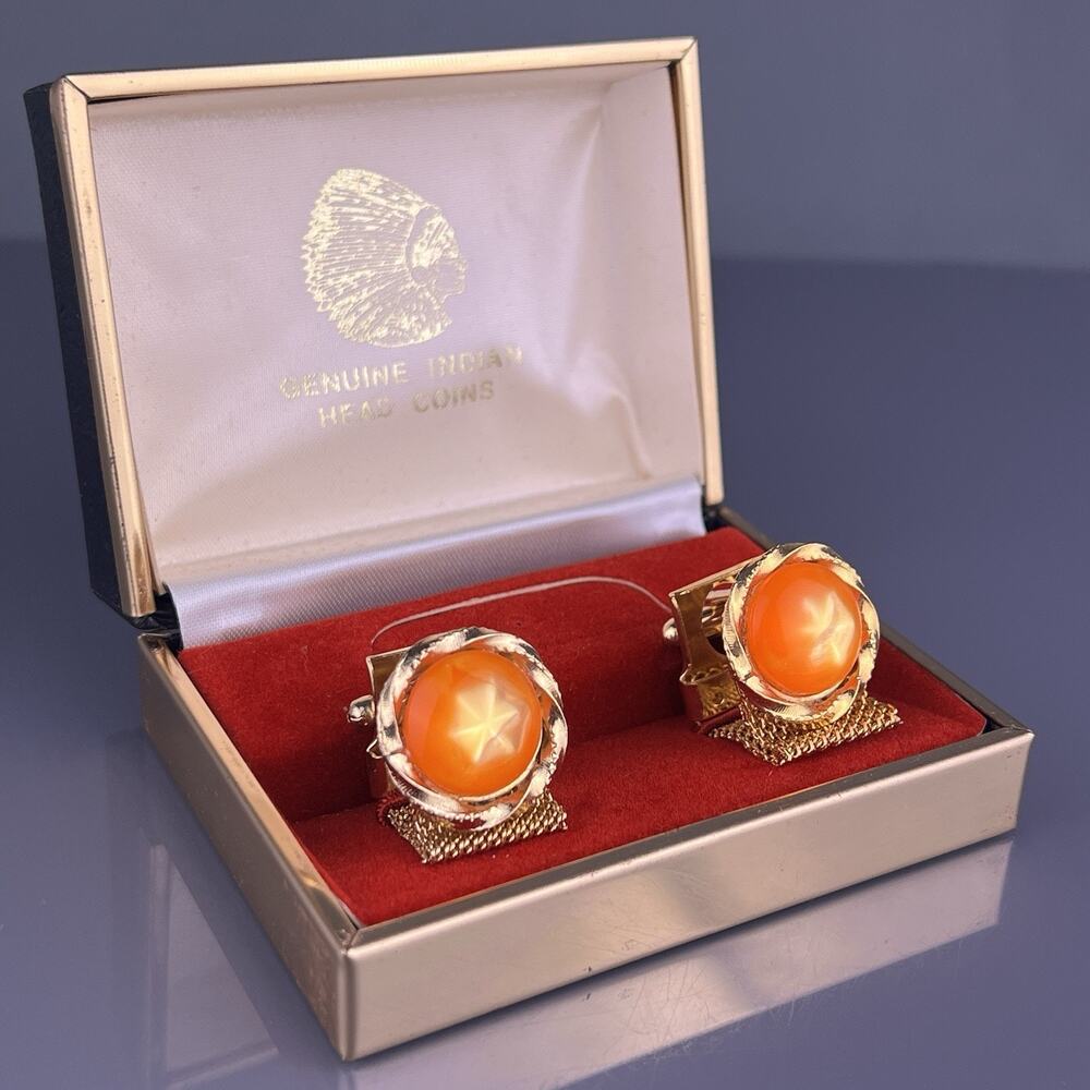 Orange Star Cabochon Rope Twist Wrap Around Cufflinks Gold Tone Round NOS VTG